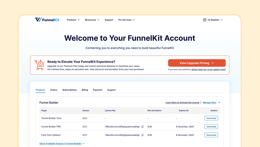 FunnelKit account dashboard redesign